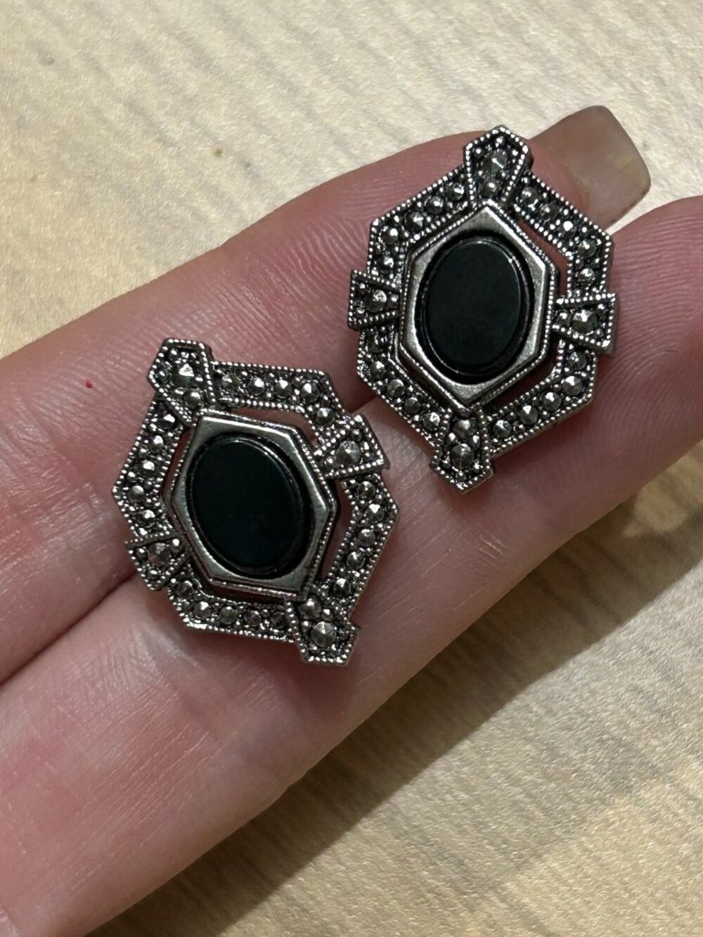 Vintage Avon Silvertone Geometric Faux Marcasite Black Cabochon Post Earrings